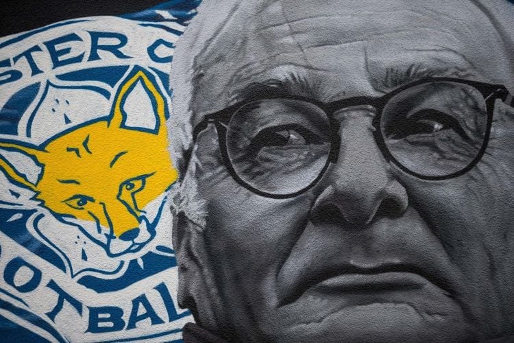 The Leicester City Champions 2015-2016 mural painted by Richard Wilson a van driver from Wembley. King Richard Road, Leicester, Leicestershire. February 24, 2017.