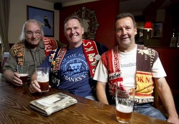 Joe Hill, Peter Hill & John Drew members of the Black Country Ale Tairsters, at their 18,000th pub.  Two beer-loving friends raised a toast yesterday (Fri) to celebrate visiting their 20,000th bar in the world’s longest pub crawl which has lasted over 30 YEARS.  See NTI story NTIPUBS.  The group of pals - who call themselves the Black Country Ale Tairsters - have drunk in a different boozer every week since 1984 - back when a pint cost just 64p.  And girls are banned from tagging along with them on their trips, which has taken in watering holes in every county in England, Wales, Scotland and Northern Ireland,  The gang always wear homemade uniforms on each night out made of waistcoats fashioned from old beer towels.  They hold the record for being the first to travel to pubs around the entire coastline of Great Britain and Northern Ireland.  A few years ago they completed a seven-year quest to visit every pub in Wales after stopping off at all 11,000 of them.  They have also been to every boozer in 11 Midlands counties and driven over 250,000 miles during their monster trip downing at least 46,500 pints.  On Friday (3/3), the pair enjoyed a tipple at the Knot and Plough, Nottingham, to celebrate visiting 20,000 different pubs.