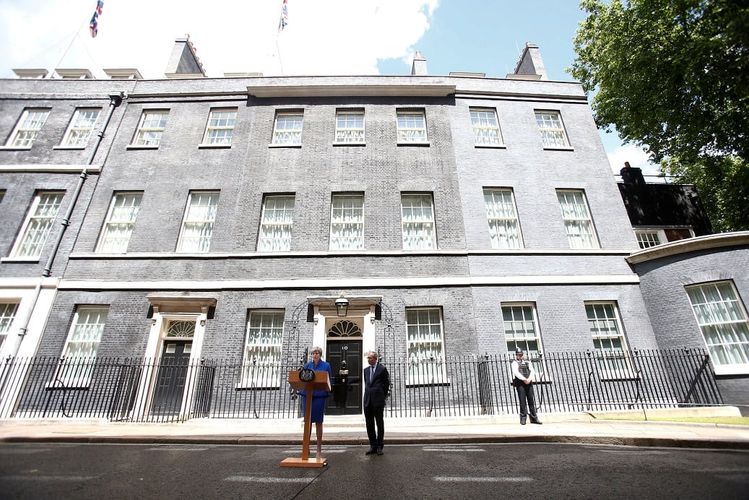 Theresa May speaks outside Number 10 Downing Street, London  accompanied by her husband Philip after her gamble in calling an early election had spectacularly backfired, June 9 2017. The Tories saw their slender majority cut leaving a hung parliament.