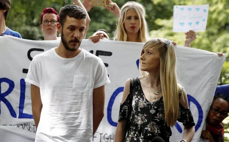 Connie Yates and Chris Gard the parents of Charlie Gard and supporters at Great Ormand Street Hospital in London hand over a petition containing over 350,000 signatures supporting their case that their son, Charlie, should be allowed to travel and receive treatment. July 9 2017.