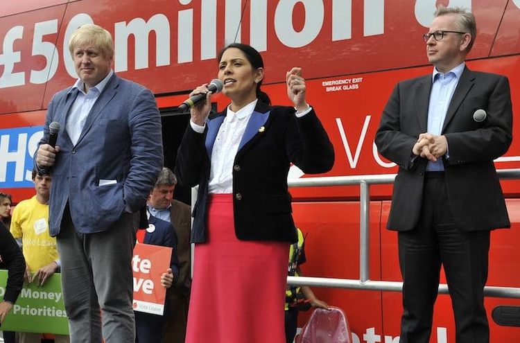 File photo of Boris Johnson making his Vote Leave speech in Preston, Lancs., along with Michael Gove and Priti Patel as they bring their Brexit roadshow to the Lancashire city. 1 June 2016. The bus used in the Vote Leave campaign has now been bought by Greenpeace.