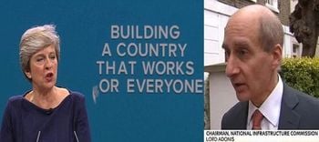 The letter 'F' falls off the slogan behind Theresa May as she makes her speech  at the Try Conference in Manchester