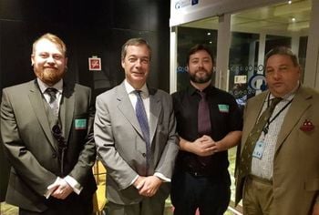 L-R: European election candidates: UKIP's Mark Meecham (aka Nazi pug youtuber Count Dankula, Nigel Farage, rape threat controversialist Carl Benjamin, together with UKIP - Brexit Party defector David Coburn who isn't standing for this election  (c) Twitter