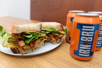 Cafe owner Amelia Sulhunt, from Serenity Now Cafe, Glasgow, Scotland, with a Vegan Irn Bru sandwich made from pulled Jackfruit. The Jackfruit is roasted after Irn Bru is poured on it.   See SWNS story SWSCsandwich; A family-run vegan cafe is set to make taste buds across the city explode with the launch of a new Irn Bru infused winter sandwich. Serenity Now Cafe will soon offer the juicy sandwich served on toasted sourdough bread with BBQ sauce, rocket, cheese and pickles. And the Irn Bru is roasted with pulled jackfruit and mushrooms in the barbecue sauce. The mouthful bite also comes with side-salad, air-fried chips or mac and cheese. Glaswegians have been flocking to try the £6.50 sandwich which will be sold at the cafe based at Great Western Rd, Glasgow.