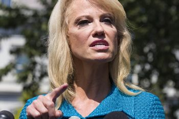 Counselor to the President Kellyanne Conway speaks with reporters at the White House, Tuesday, July 16, 2019, in Washington. (AP Photo/Alex Brandon)