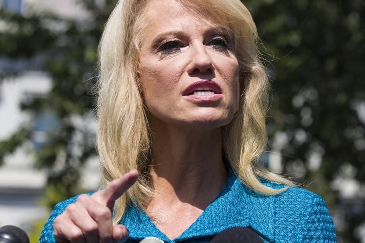 Counselor to the President Kellyanne Conway speaks with reporters at the White House, Tuesday, July 16, 2019, in Washington. (AP Photo/Alex Brandon)