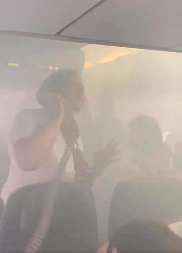 Screengrab taken with permission from a video posted by @gaylem1978 of smoke in the cabin of British Airways flight, BA422, that had to be evacuated minutes before it was due to land.