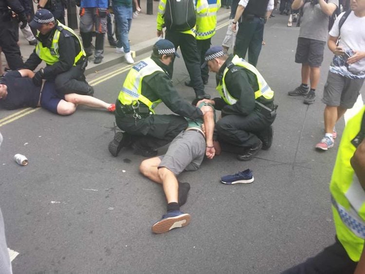 Police arrest Robinson supporters in Whitehall. (c) Chris Hobbs