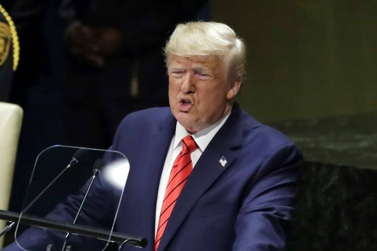 President Donald Trump delivers remarks to the 74th session of the United Nations General Assembly, Tuesday, Sept. 24, 2019, in New York. (AP Photo/Evan Vucci)