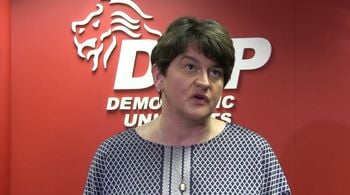 Party leader Arlene Foster at DUP party headquarters in east Belfast, flanked by party colleagues, after Prime Minister Boris Johnson announced that he is seeking a suspension of Parliament ahead of a Queen's Speech on October 14.