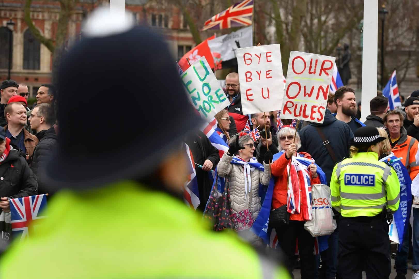 “Bye Bye EU” and “Our Own Rules” among placards at Brexit celebrations