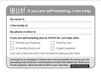 Undated handout photo of a picture of the postcard that has gone viral, helping people to help others during the coronavirus pandemic. Becky Wass created the #viralkindness postcard so people can more easily help people during the coronavirus pandemic.