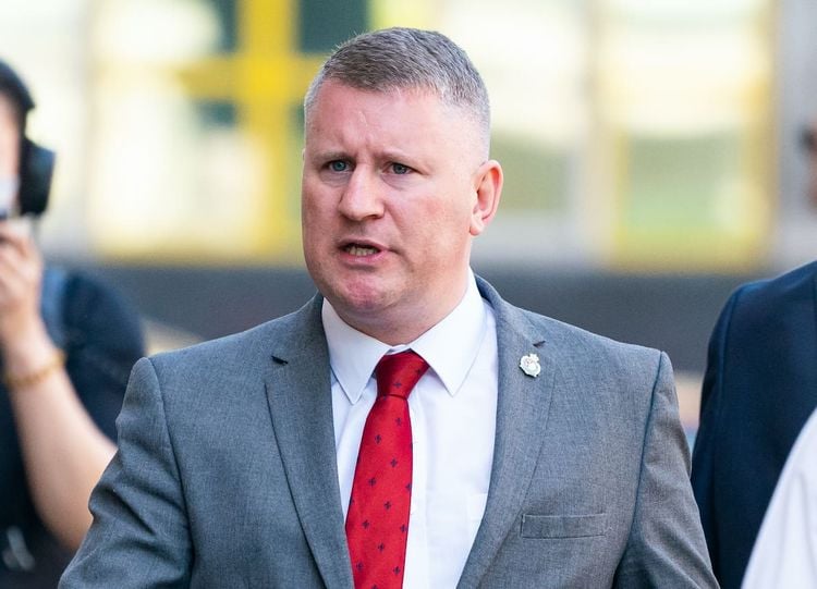 Britain First leader Paul Golding arrives at Westminster Magistrates' Court in London where he denies one count of willfully failing to comply with duty imposed by Schedule 7 under the Terrorism Act in not providing the passcodes to his electronic devices when asked when returning to the UK at Heathrow Terminal 4.