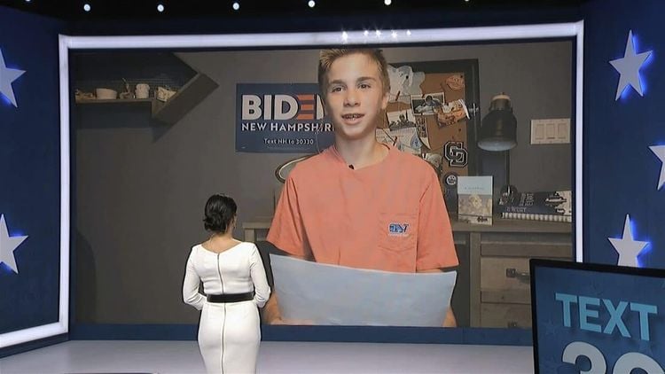 In this image from video, Brayden Harrington speaks as Julia Louis-Dreyfus, serving as moderator, listens during the fourth night of the Democratic National Convention on Thursday, Aug. 20, 2020. (Democratic National Convention via AP)