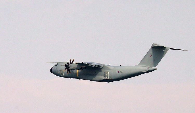 A view of a Royal Air Force Atlas A400M aeroplane in the skies above Dover in Kent which has provided aerial surveillance as part of an "initial offer of assistance" from the Ministry of Defence to the Home Office in response to the continued migrant crossings.Credit;PA