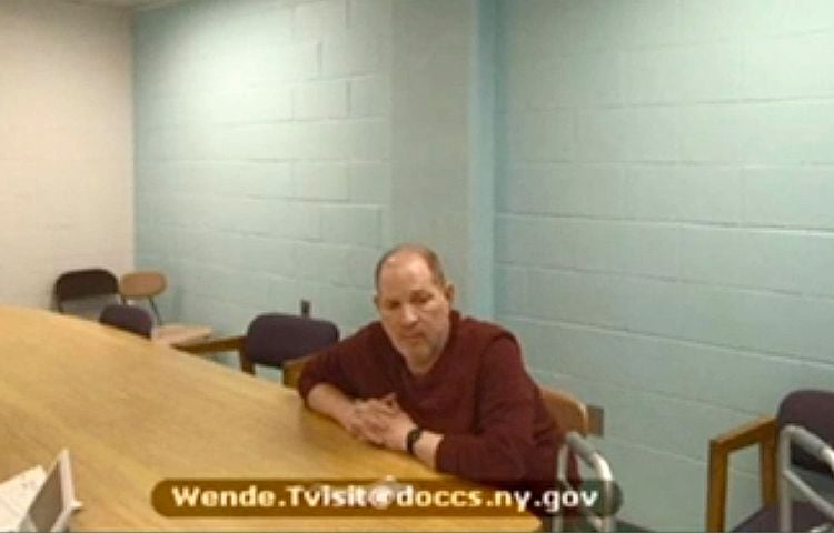 In this image taken from video, Harvey Weinstein appears from prison during his virtual extradition hearing in Erie County Court before Judge Kenneth Case, Monday, April 12, 2021, in Buffalo, N.Y. (New York Unified Court System via AP)