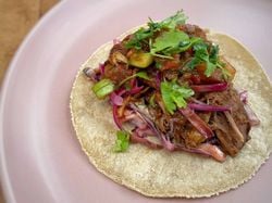 Pork tacos with brown sauce salsa