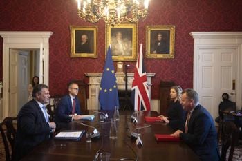 Brexit minister Lord Frost, flanked by Paymaster General Penny Mordaunt, sitting opposite European Commission vice president Maros Sefcovic, who is flanked by Principal Adviser, Service for the EU-UK Agreements (UKS) Richard Szostak, as he chairs the first EU-UK partnership council at Admiralty House in London. Picture date: Wednesday June 9, 2021.