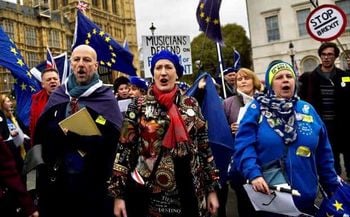 Dame Sarah Connolly at a protest raising awareness about Brexit's impact on musicians