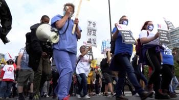 Health workers march to Downing Street, London. Credit;PA