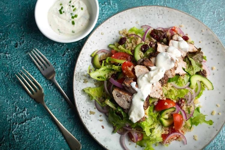 Sumac Grilled Chicken and Quinoa Salad with Smokey Feta Dressing