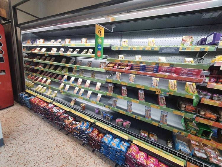 Creative stacking disguises nearly empty shelves at Morrisons in Kirkstall, Leeds, September 10 2021.  Credit;PA