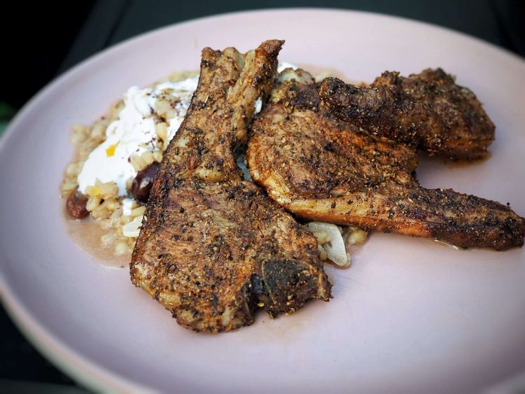 Spiced lamb chops with pearl barley and cherry 'risotto'