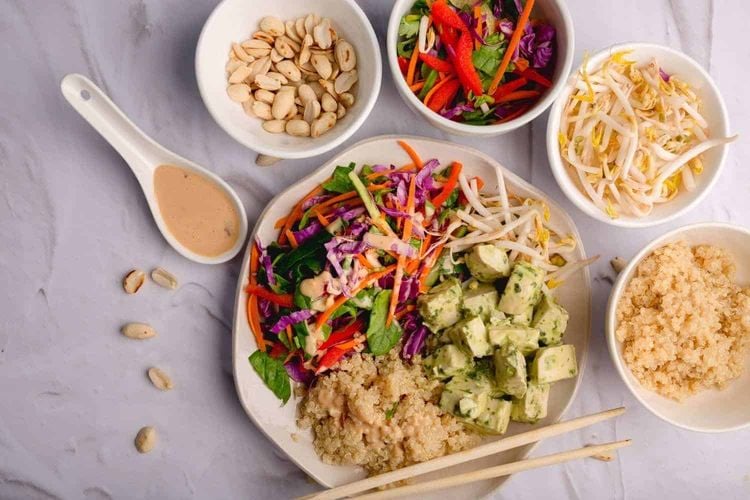 Thai Tofu Poke Bowl with Whole Grains and Peanut Sauce