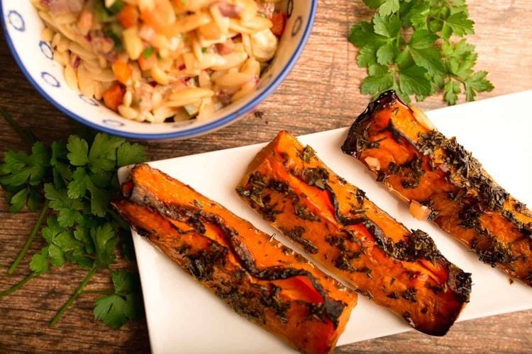 Sticky Butternut Wedges with Mediterranean Orzo Salad