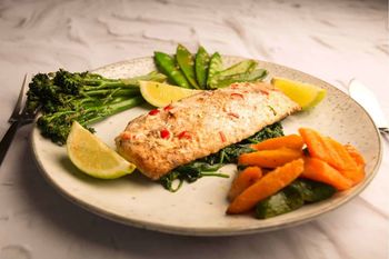 Zesty Hake with Roasted Veg and Asian Greens