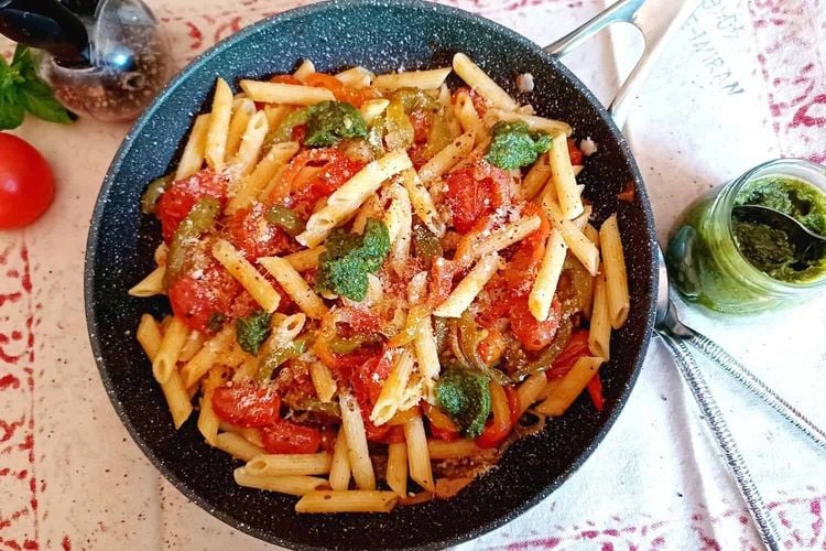 Pasta Peperonata Sauce With Home Made Peacan Nut Pesto