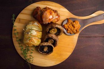 Grilled Portabello Mushroom, Hasselback Potato, Pumpkin Fritters and Chakalaka