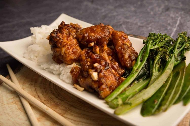 Sticky Cashew Chicken with Jasmine Rice and Asian Greens