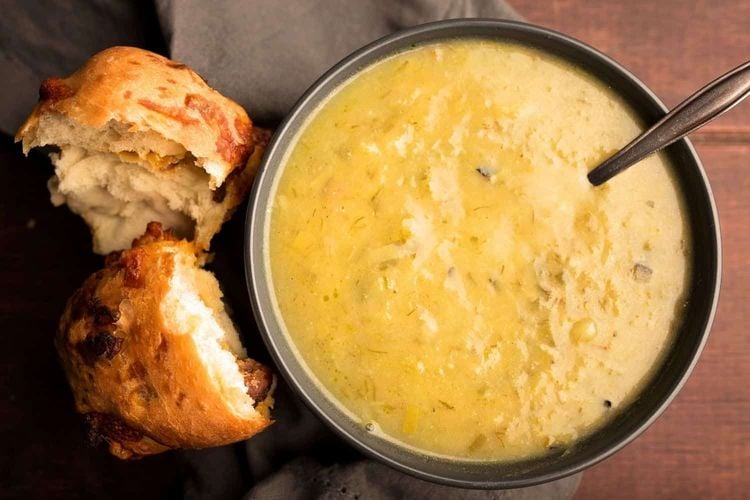 Creamy Potato and Burnt Leek Soup with Garlic Herb Bun