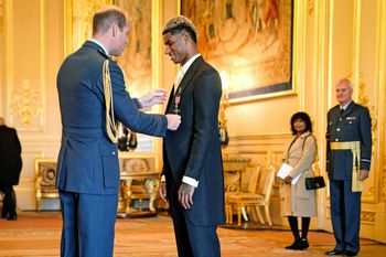 Footballer Marcus Rashford is made an MBE (Member of the Order of the British Empire) by the Duke of Cambridge during an investiture ceremony at Windsor Castle. Picture date: Tuesday November 9, 2021.