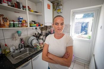 Kelly Thomson at her home in Slough.See SWNS story SWTPdonate. A starving single mum says her faith in humanity has been restored after generous Brits donated more than £1.2k in just a few hours to help feed her kids. Kelly Thomson, 43, revealed this week that she has twice been hospitalised due to malnutrition amid the cost of living crisis.She says she has been foregoing meals so her kids can eat - and has even thought about begging to make ends meet.Kelly decided to launch a GoFundMe page this morning (19/8), with a target of just £50 set.