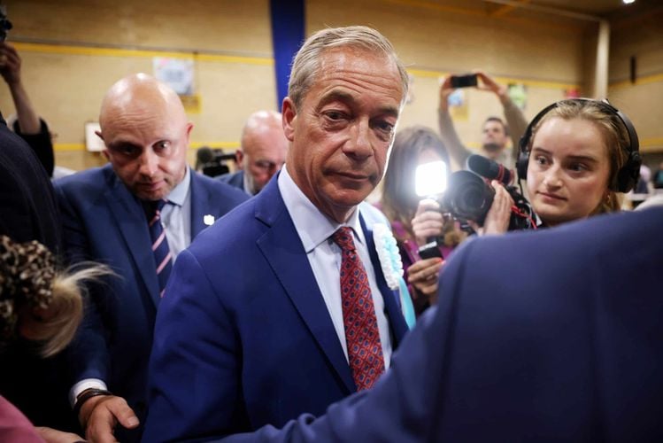 CLACTON-ON-SEA, ENGLAND - JULY 5: Reform UK leader Nigel Farage reacts after winning the Clacton and Harwich constituency on July 5, 2024 in Clacton-on-Sea, England. Nigel Farage wins Clacton and Harwich for Reform UK with 21,225 votes. Clacton 2024 is Nigel Farage's eighth attempt at a seat in the UK parliament. (Photo by Dan Kitwood/Getty Images)