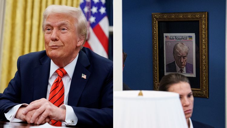 Donald Trump hangs his infamous mugshot outside the Oval Office