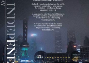 A copy of the last print edition of the Independent on Sunday newspaper. PRESS ASSOCIATION Photo. Picture date: Saturday March 19, 2016. The paper's final front page features a poster background of the darkened skyline of Shanghai in China with the headline Lights Out. See PA story MEDIA Independent. Photo credit should read: PA Wire