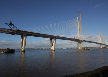 The Queensferry Crossing as the final piece of deck is  lifted into position over the Firth of Forth. February 3 2017