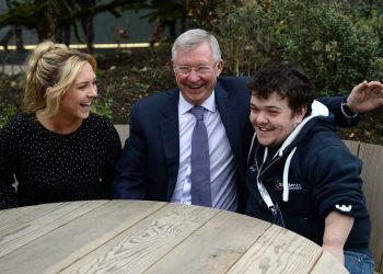 Former Manchester United manager Sir Alex Ferguson, a founding donor to the Glasgow Caledonia University Foundation meets students Lauren Ramage and Chris Daisley, ahead of a leadership talk infront of 350 students. March 29, 2017. Since leaving Manchester United, Sir Alex has specialised in education lecturing at Harvard University on managerial success. In 2015 Sir Alex donated £500,000 to Glasgow Caledonian University, to set up a scholarship scheme.