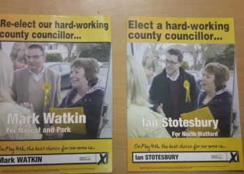 The two leaflets featuring the Mayor of Watford  Dorothy Thornhill that were taken at her front door. See National copy NNMAYOR: The Mayor of Watford has appeared on two election leaflets canvassing support at her own front door. The leaflets posted to residents in the North Watford and Nascot and Park wards show almost identical shots of Mayor Dorothy Thornhill talking to an unknown “constituent”, accompanied by either Ian Stotesbury or Mark Watkin - the Lib Dem county council candidates for those two areas. However it has been revealed that the staged photographs were actually taken from inside Mayor Thornhill’s own home in Oxhey Road, a considerable distance from either ward.