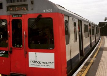 The last D-stock District Line train on its penultimate journey. Nostalgic commuters have celebrated the end of an era as the last 'old-style' Tube train finished its final journey. See National story NNTUBE; The last D-stock District Line train, introduced in 1980, was withdrawn from service on Friday after the classic trains were phased out for new stock. Just three six-car trains remained in service until Thursday, with the last running its final journey from Upminster, east London, to Ealing Broadway, west London, during the evening rush hour. Tube buffs clambered for a space on the 280-seat train, designed with a double set of seats facing one another in the middle of each carriage.