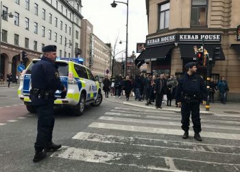 The scene in Stockholm where a lorry has driven into a store, April 7 2017. See SWNS story. A lorry has driven into a store in the centre of the Swedish capital Stockholm, killing at least three people, local media say. Shots have also reportedly been fired. Swedish police said a number of people were injured. The incident took place on Drottninggatan (Queen Street), one of the city's major pedestrian streets, just before 15:00 local time (14:00 GMT).