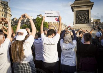 A minutes silence is held in Trafalgar Square in London this evening for those killed during the terror attacks in Manchester. May 23 2017.