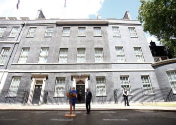 Theresa May speaks outside Number 10 Downing Street, London  accompanied by her husband Philip after her gamble in calling an early election had spectacularly backfired, June 9 2017. The Tories saw their slender majority cut leaving a hung parliament.