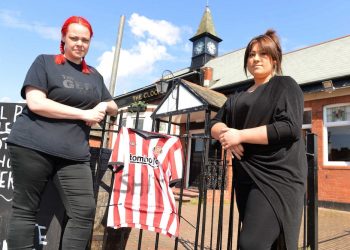 Bradley Lowery tribute defaced outside The Clock pub in Hebburn - (L-R) Kerry Neale and Taylor Joyce.  Heartless thugs have vandalised a shirt hung up in tribute to inspirational youngster Bradley Lowery - by writing a SWEAR word on it.  See ROSS PARRY story RPYBRADLEY.  A Sunderland AFC shirt with a heartfelt message to Bradley had been put up outside the Clock Pub, on Victoria Road East, Hebburn.  The loving message on the shirt read 'There is only one Bradley Lowery, rest in peace love. Alan and Yvonne xxx.'  But a disgusting swear word was daubed over the message sometime early this morning (July 13).  The despicable act was discovered when the pub opened this morning by the pub's manager, Andrea Howe, who has told of her disgust.