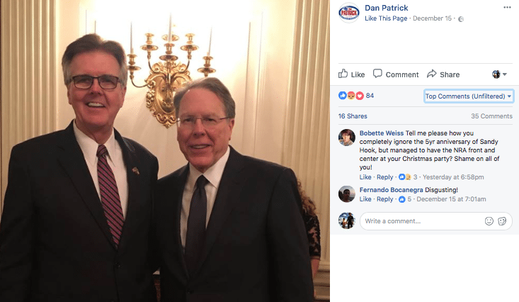 Dan Patrick with NRA’s CEO Wayne LaPierre at Trump’s Christmas White House party (c) Facebook