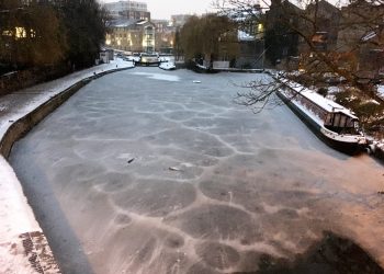 Regents Canal in London which has complertely frozen over as the temperature stays well below zero in the capital, March 1 2018