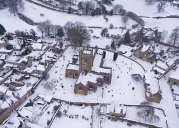 Aerial view of the scene at Crewkerne, Somerset which is covered in snow, March 2 2018. In nearby Ilminster several motorists were trapped in their cars on the A303 as blizzards blocked the road.